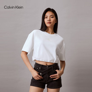 Calvin Klein Jeans24春夏女简约ck字母抽绳下摆宽松短款针织短袖卫衣J223330 YAF-月光白 S