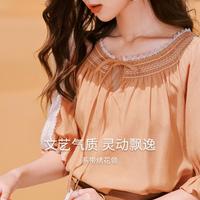 香影 X.YING【时尚夏装】泡泡袖民族风上衣女系带度假莱赛尔天丝中袖小衫