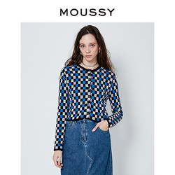 MOUSSY 摩西 春季新品元气趣味撞色格纹系扣针织开衫女028FAZ70-5070