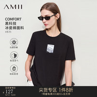 AMII2024夏圆领冰瓷棉山海经贴布绣花T恤女百搭显瘦短袖12422080 黑色 155/80A/S