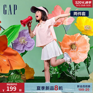 Gap女幼童2024夏季polo泡泡短袖T恤短裙儿童装运动套装890365 粉白拼色 110cm (4-5岁) 亚洲尺码