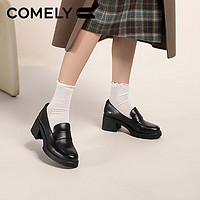 COMELY 康莉 乐福鞋女粗跟春季高跟时尚复古羊皮单鞋 黑色 36