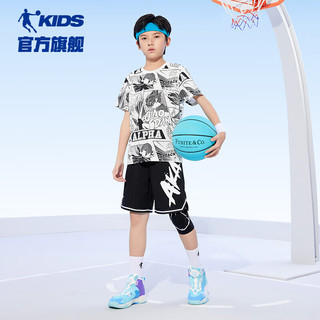 乔丹童鞋儿童短袖T恤2024年夏季新款男童圆领街篮满印运动上衣
