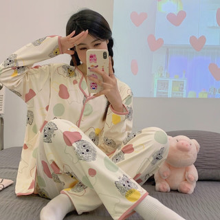婧麒（JOYNCLEON）月子服春夏产后喂奶家居服休闲开衫睡衣套装 撞色小狗 M码