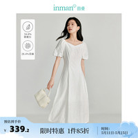 茵曼（INMAN）莱赛尔亚麻提花连衣裙2024夏女装新款简约通勤钻石领短袖长裙