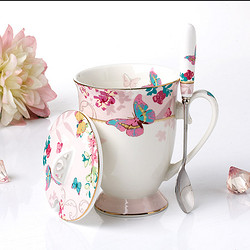 青麦 唯美樱花马克杯办公室下午茶红茶高脚杯欧式田园陶瓷杯 咖啡杯 带盖勺 粉色