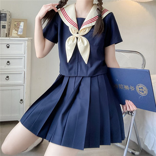 神北JK 绀色三本二本正统jk制服套装基础款水手服中间服班服 米领三本短袖+短裙+领结 S