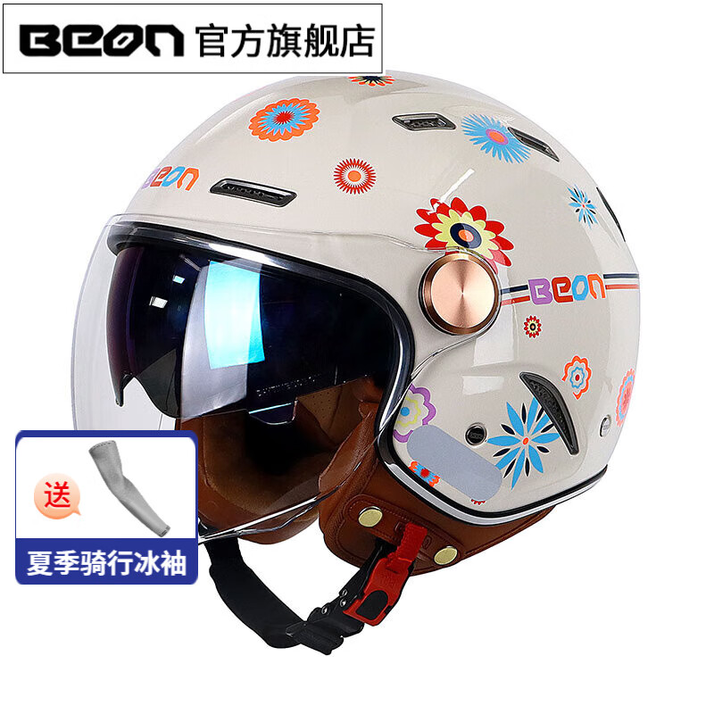BEON摩托车头盔半盔男女双镜片复古电动车四分之三盔电瓶车3C四季冬季 亮乳白粉红 M