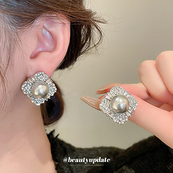 Trendolla 银针镶钻蝴蝶珍珠双面耳钉简约感气质耳环法式设计轻奢耳饰女 珍珠耳环-灰色(方形)