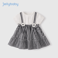JELLYBABY儿童衣服夏装短袖假两件裙子女童连衣裙夏 黑白格 90cm