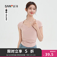 SANFU 三福 短T恤2024夏季时尚交叉V领褶皱收腰短款上衣女装487124 粉色 XL