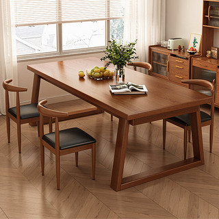 锦需 北欧原木餐桌小户型家用简约长方形实木腿吃饭桌客厅长条桌椅组合 胡桃色180cm 一桌六椅