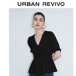 URBAN REVIVO 女士法式气质泡泡袖捏褶V领衬衫 UWG240100 正黑  XS