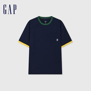 Gap 盖璞 男女款撞色拼接logo口袋短袖T恤 465586 海军蓝 S