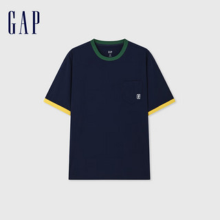 Gap 盖璞 男女款撞色拼接logo口袋短袖T恤 465586 海军蓝 XL