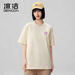 BENGEN 冰洁 BINGJIE）女士t恤2024春夏新款100%纯棉男女同款百搭上衣 杏色 L