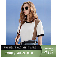 唐可娜儿（DKNY）2024春夏女撞色拼接低圆领显瘦休闲短袖针织衫女装 白色 S(155/80A)
