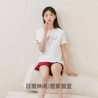 三枪（THREEGUN）睡衣女士纯棉新疆棉圆领短袖短裤春夏休闲宽松家居服套装可外穿 白色