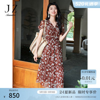 玖姿·安娜蔻优雅唯美雪纺V领剪影花轻薄收腰连衣裙女2024夏季新款 花棕色