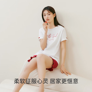 THREEGUN 三枪 睡衣女士纯棉新疆棉圆领短袖短裤春夏休闲宽松家居服套装可外穿 白色 L