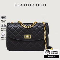 CHARLIE&KELLI CK品牌包包女包2024新款小香风气质菱格链条包斜跨520情人节礼物 黑色