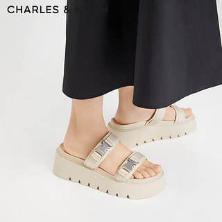 CHARLES&KEITH24夏休闲扣饰外穿勃肯厚底拖鞋女CK1-70381040 Beige米色 40