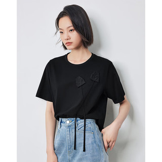 初语索罗娜凉感短袖t恤女2024夏季新款立体花朵宽松显瘦休闲上衣 黑色 S
