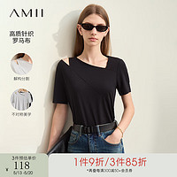 AMII2024夏不对称斜V领解构分割短袖T恤女修身显瘦弹力12422074 黑色 170/92A/XL