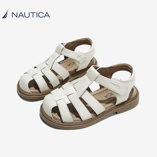 诺帝卡（NAUTICA）女童鞋罗马凉鞋小女孩凉鞋儿童织户外沙滩鞋镂空猪笼鞋休闲鞋子 米白色 32码