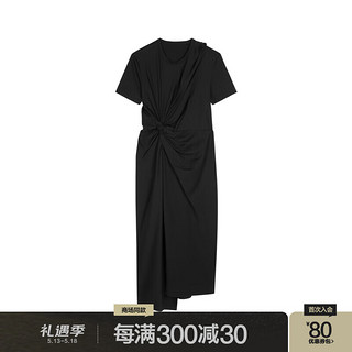 江南布衣（JNBY）24夏连衣裙设计捏褶优雅休闲圆领短袖5O5G12980 001/本黑 L