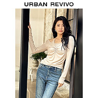 URBAN REVIVO UR2024春季新款女装休闲挂脖假两件褶皱修身长袖T恤UWH440009