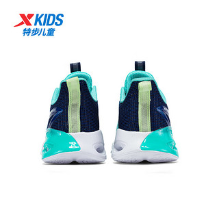 特步儿童男童鞋夏季透气旋钮扣中大童跑步鞋运动鞋子 深邃蓝/极光绿 39码