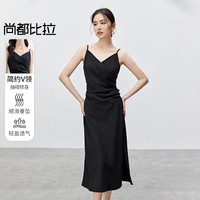 尚都比拉纯欲风连衣裙夏季女装吊带裙抽褶性感气质款裙子 黑色 S