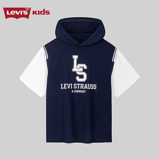 Levi's李维斯童装儿童T恤2024夏季连帽拼接短袖 深靛蓝 160/80(XL)