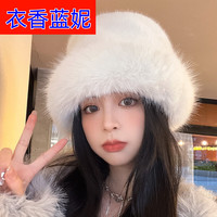 衣香蓝妮大头围帽子女秋冬毛绒保暖渔夫帽加厚毛茸茸百搭加厚防寒护 毛绒加厚盆帽白色