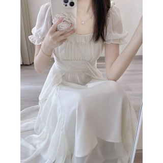 欧迪惠（Oudihui）连衣裙2024夏季女装收腰显瘦温柔风小个子法式雪纺裙子女夏天 米白色 L
