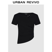 URBAN REVIVO 夏季新款女装时髦小众不规则设计感收褶T恤 UWG440098 正黑 M