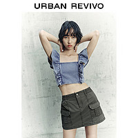 URBAN REVIVO 女复古时髦辣妹小飞袖短款牛仔衬衫UWL840111 蓝色 M