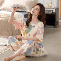 夏季薄款聚酯纤维短袖七分裤女睡衣家居服 5602涂鸦熊 XL【115-125斤】