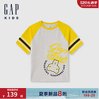 Gap男童2024夏季撞色插肩袖小熊印花logo短袖T恤上衣466235 黄灰撞色 120cm(XS) 亚洲尺码