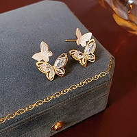MOEFI 茉妃 925銀針蝴蝶鋯石耳釘時尚氣質設計感耳環輕奢感耳飾 蝴蝶鋯石耳釘-金色