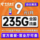  中国电信 超值卡 2-6月9元/月（205G通用流量+30G定向流量+100分钟通话）　