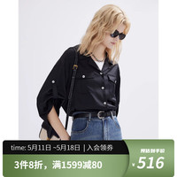 唐可娜儿(DKNY)2024春夏女缎面古巴领卷边袖口纯色中袖衬衫女装 黑色 S(155/80A)