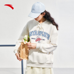 anta安踏美式复古运动风抽绳连帽卫衣女针织长袖套头衫上衣162338708