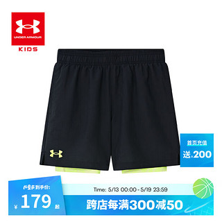 安德玛（Under Armour）儿童短裤夏季新男大童运动裤脚开衩二合一短裤 黑色 150cm