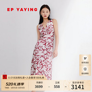 EP雅莹女装 中长款繁花似锦V领真丝印花无袖连衣裙 2024夏季4120A 红色 2/S