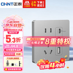 CHNT 正泰 开关插座6C五孔插座带USB+Type-C接口30w快充灰色NEW6-C13295