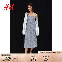 H&M女装吊带连衣裙2024夏季新款亚麻混纺度假风修身中长裙1217048 蓝色/图案 170/104 L 建议拍小一码