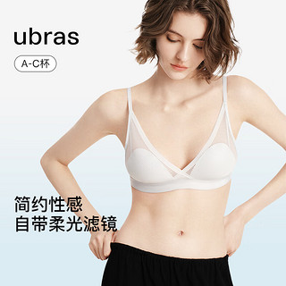 ubras24条纹交叠网纱贝壳杯文胸深V内衣收副乳提拉镂空 深蓝色 S