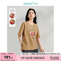 茵曼（INMAN）复古显瘦T恤2024夏季女装水果印花图案减龄圆领短袖上衣 咖啡色 L